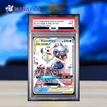 (PSA 9) 2019 POKEMON SUN & MOON COSMIC ECLIPSE 38 BLASTOISE & PIPLUP GX COSMIC ECLIPSE